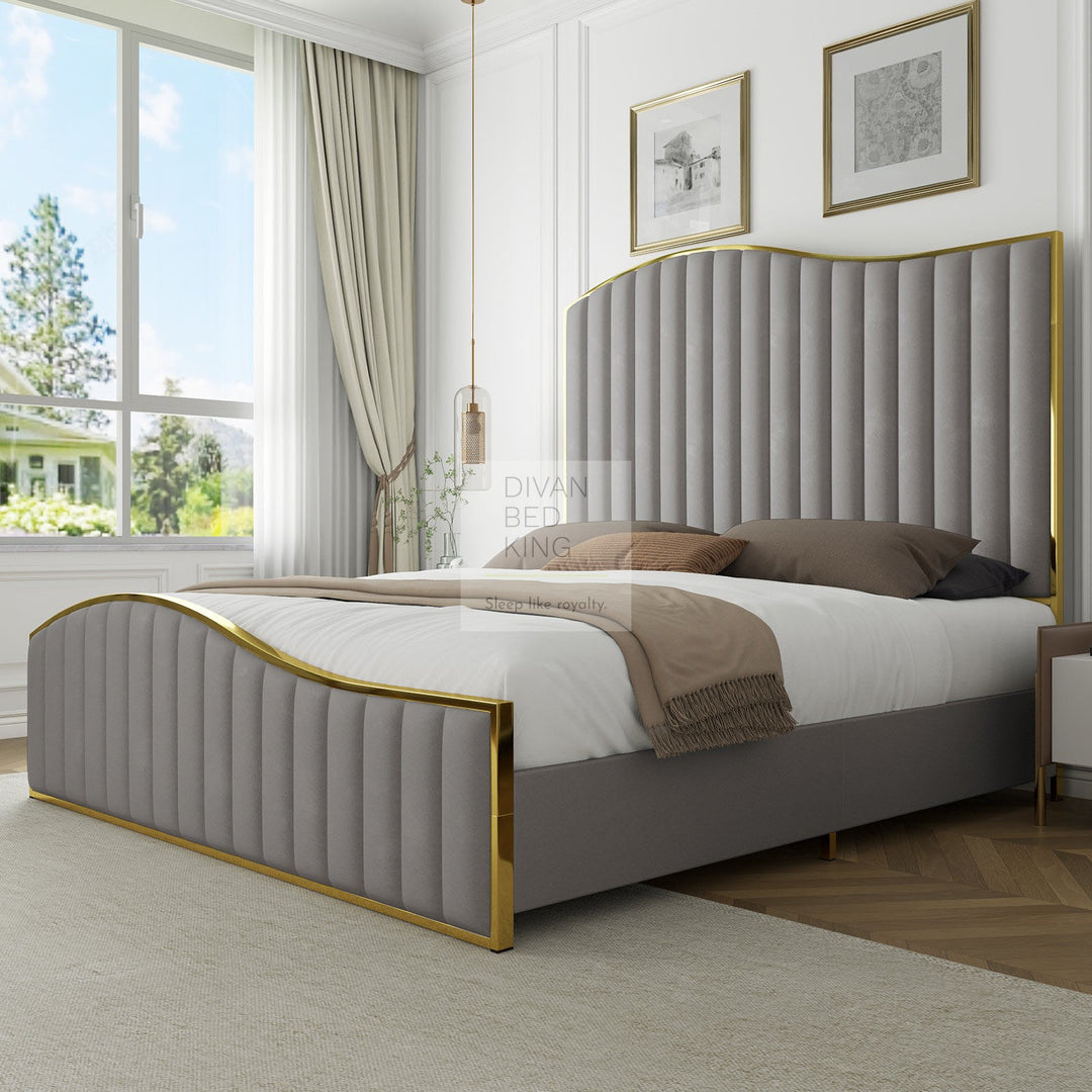 Harp Gold Metal Framed Luxury Grey Upholstered Designer Bed Frame