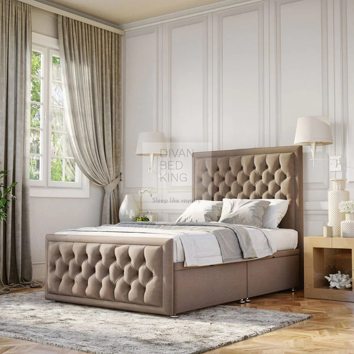 Evelyn Opulent Chesterfield Ottoman Storage Divan Bed with Floor Standing Headboard and Footboard