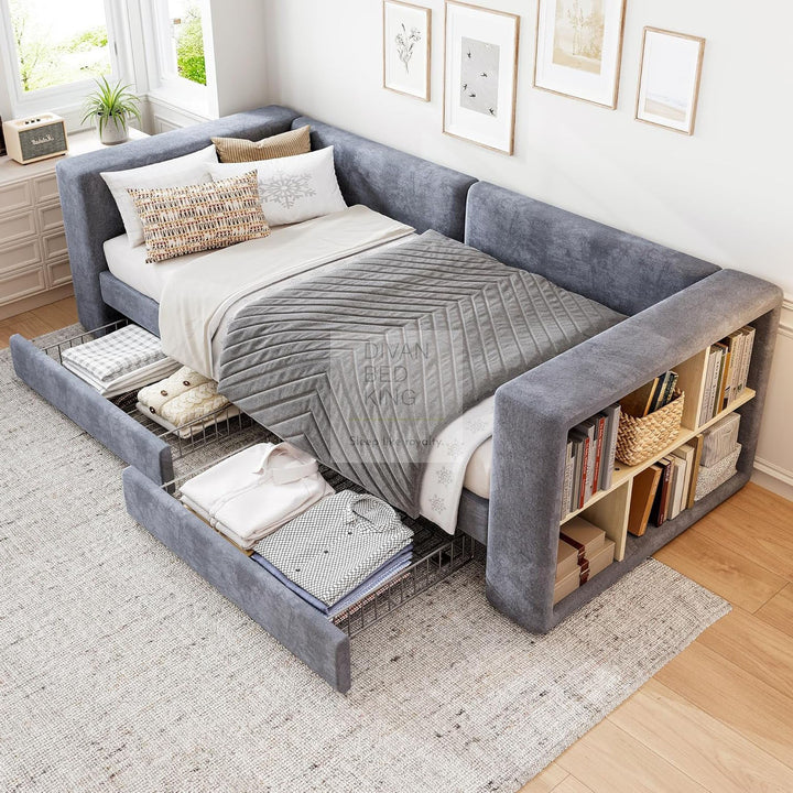 Verona Grey Plush Velvet 3 Seater Daybed Sofa Bed Couch with 2 Drawer Storage and Side Storage Shelves