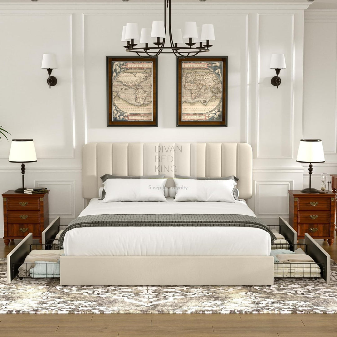Serava 4ft6 Double Beige Plush Velvet 4 Drawer Bed with Adjustable Headboard