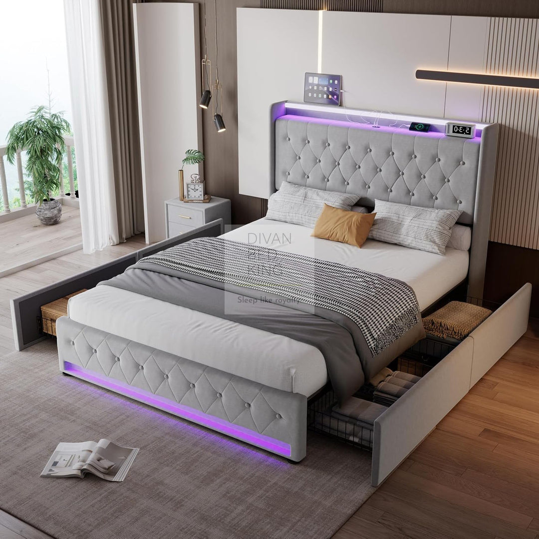 Kairo 4 Drawer Grey Plush Velvet Smart Bed with Storage Wing Headboard with LED Lights & USB Charging Shelf