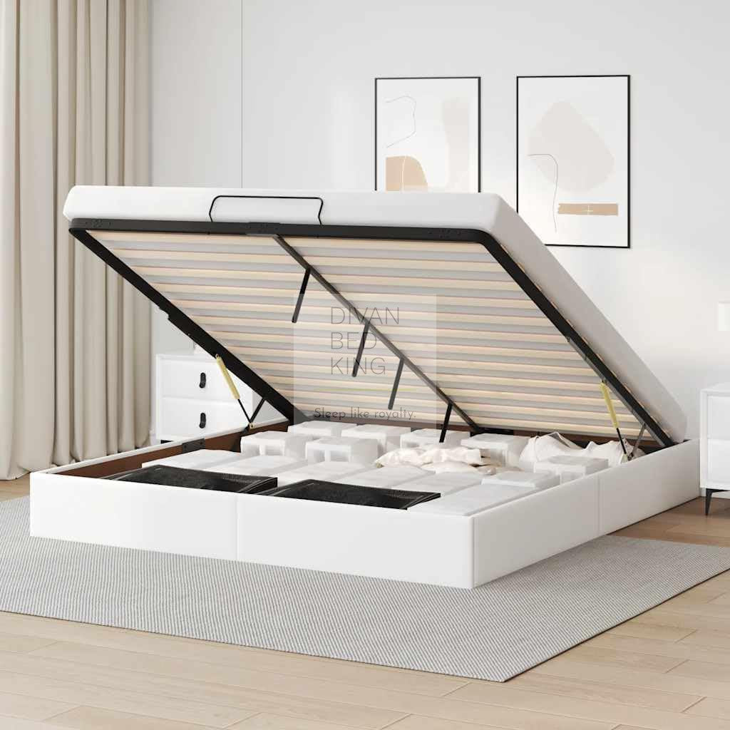 Milani White Leather Ottoman Gas Lift Storage Bed Base