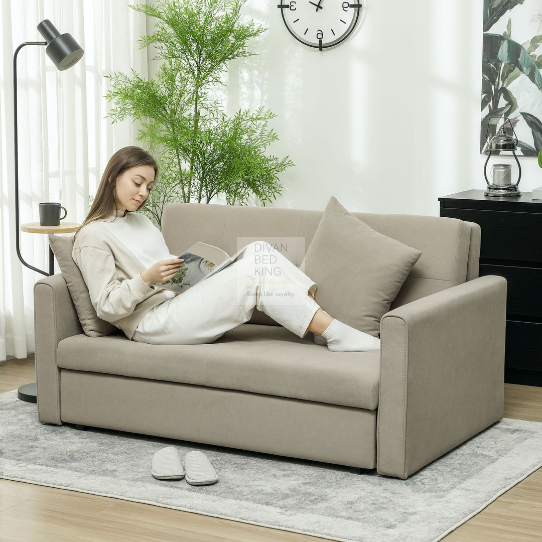 Ramiro Beige Brown Brushed Cotton 3-in-1 Sofa Bed 2 Seater with Storage
