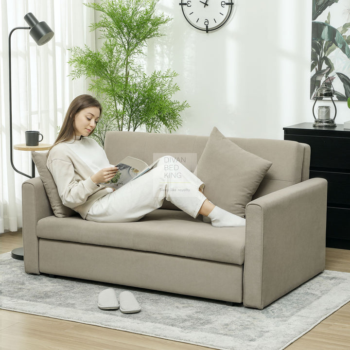 Ramiro Beige Brown Brushed Cotton 3-in-1 Sofa Bed 2 Seater with Storage