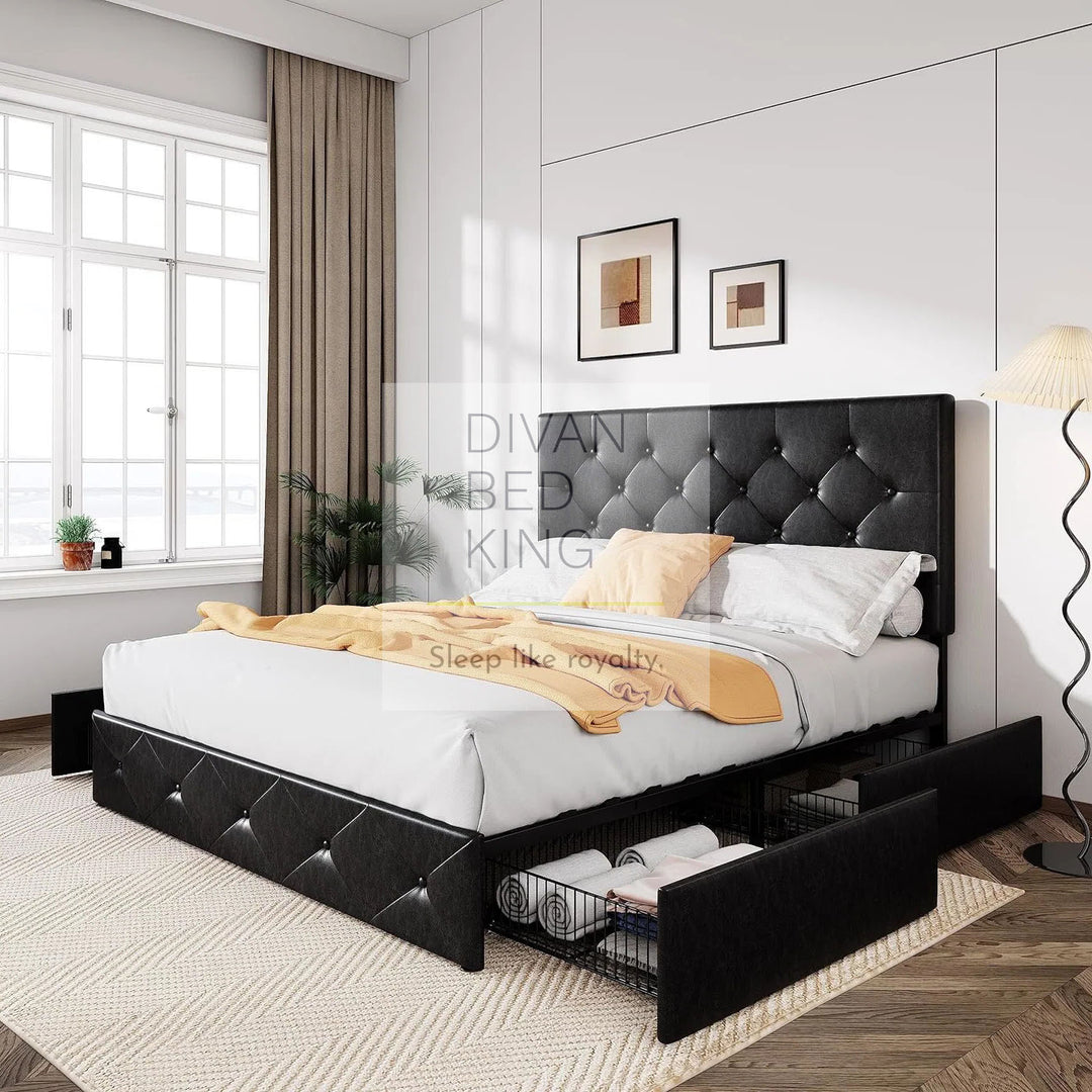Emma Black Leather 2 Drawer Buttoned Bed Frame