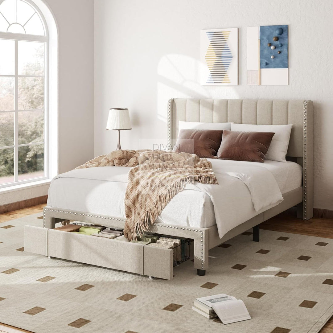 Catania Wingback Panel Headboard Beige Linen Bed with & 1 Large End Drawer Storage