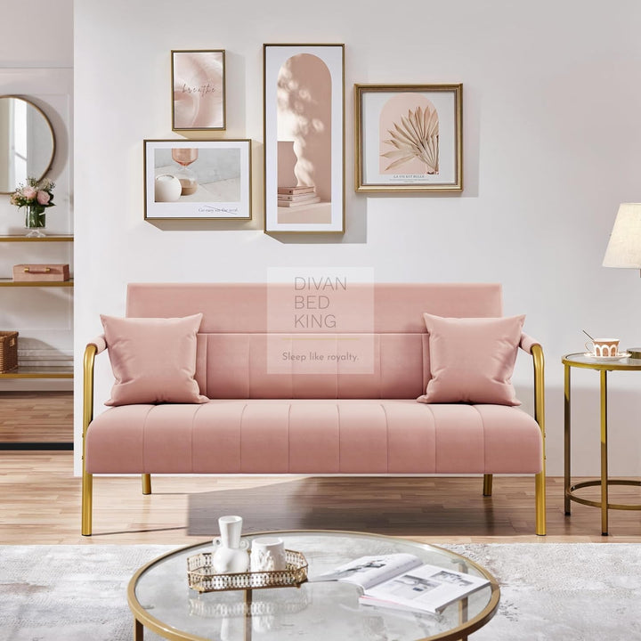 Parisa Pink Velvet Velour Sofa Love Seat with Gold Metal Legs
