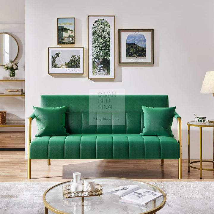 Parisa Green Velvet Velour Sofa Love Seat with Gold Metal Legs