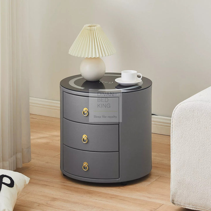 Adrastea Grey Leather 3 Drawer Smart LED Bedside Table with Wireless Charging
