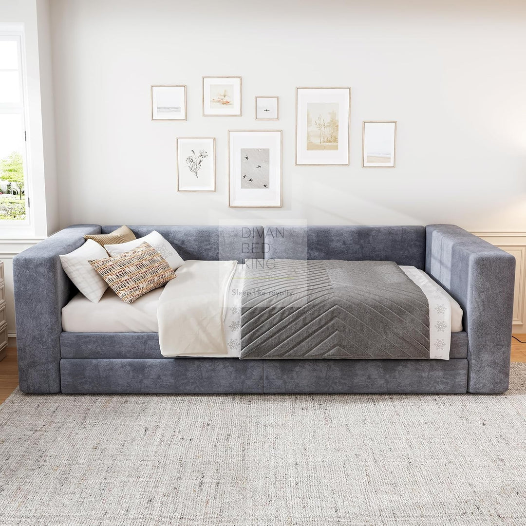 Verona Grey Plush Velvet 3 Seater Daybed Sofa Bed Couch with 2 Drawer Storage and Side Storage Shelves