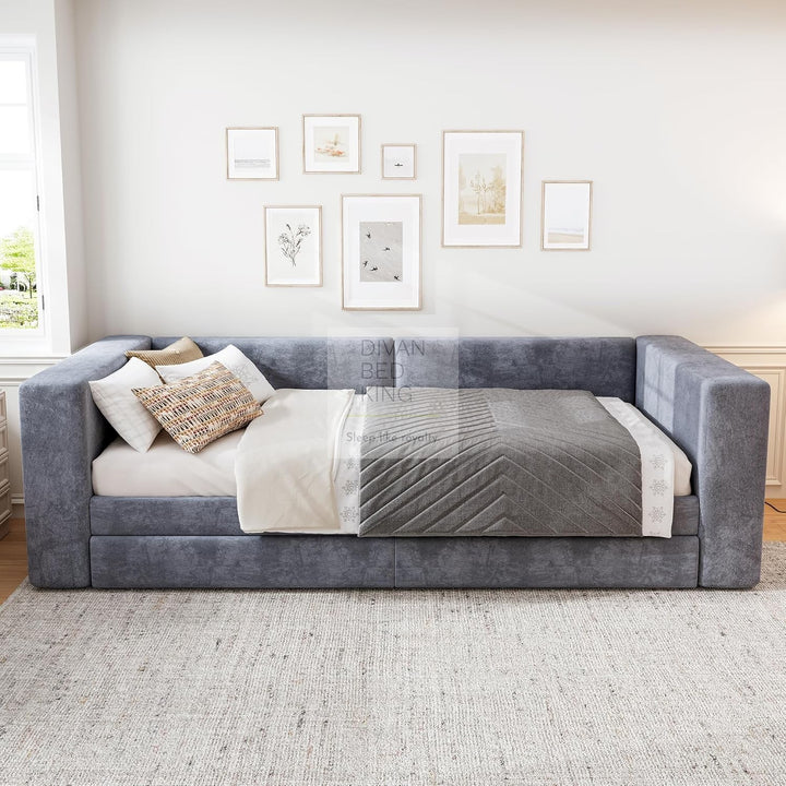 Verona Grey Plush Velvet 3 Seater Daybed Sofa Bed Couch with 2 Drawer Storage and Side Storage Shelves