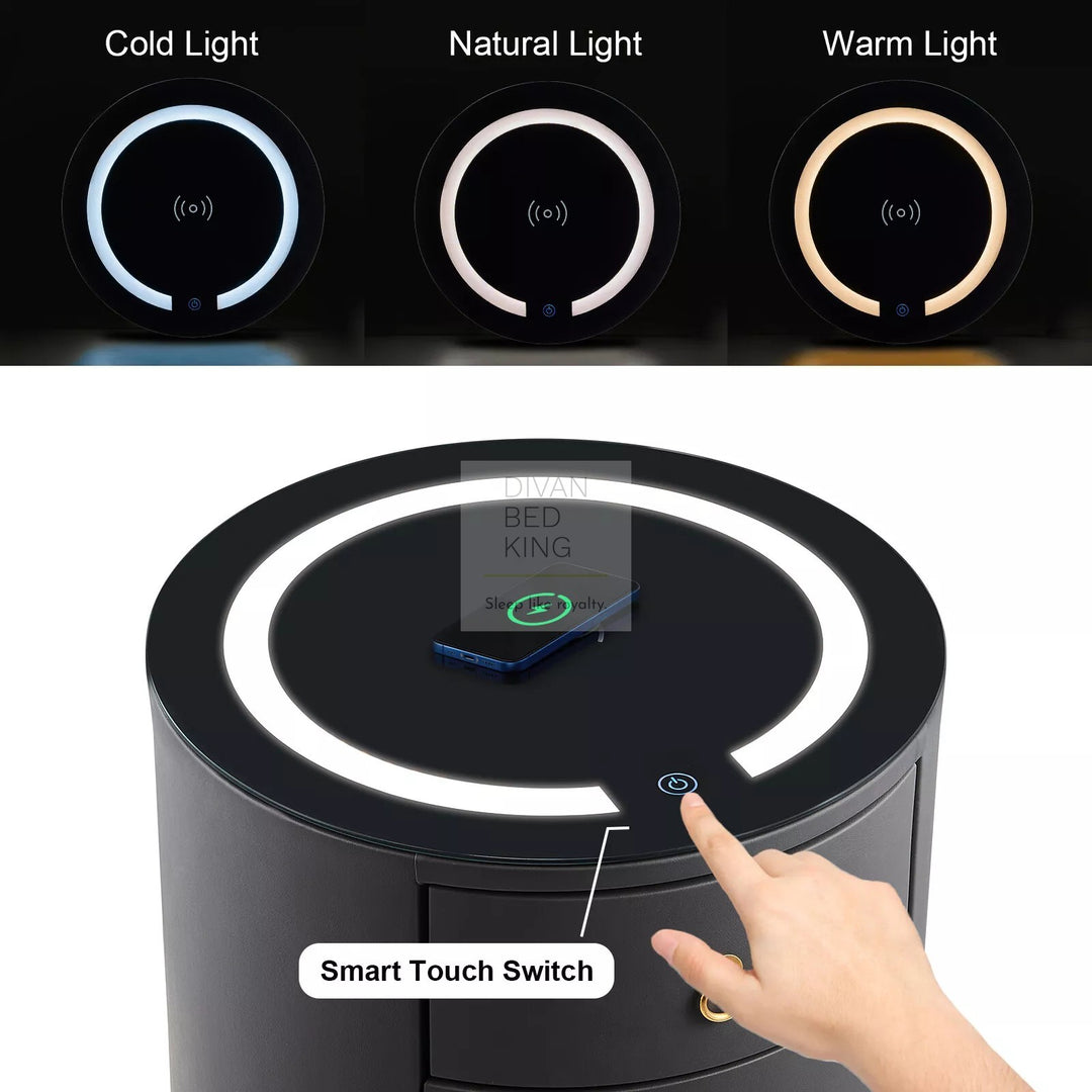 Adrastea Grey Leather 3 Drawer Smart LED Bedside Table with Wireless Charging