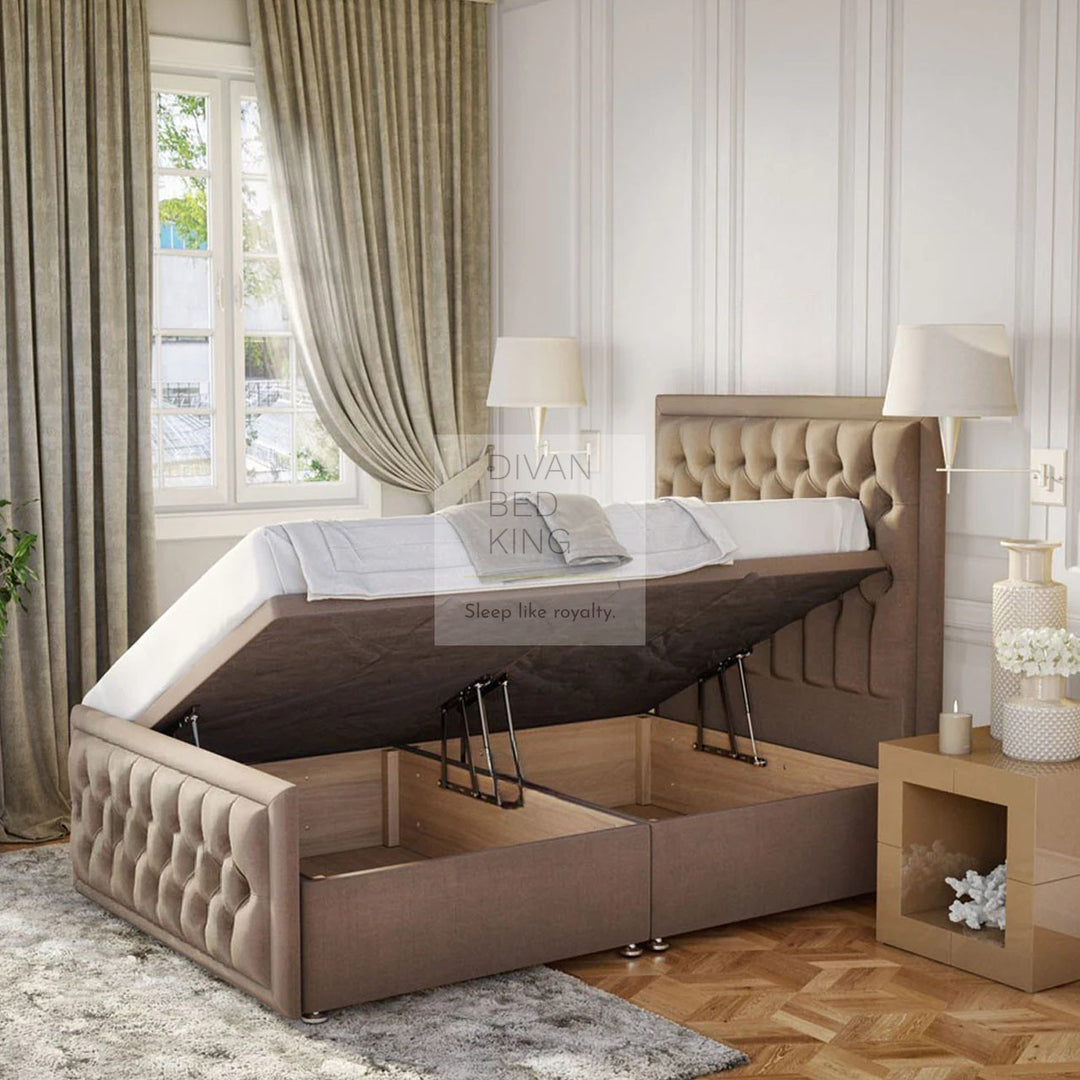 Evelyn Opulent Chesterfield Ottoman Storage Divan Bed with Floor Standing Headboard and Footboard