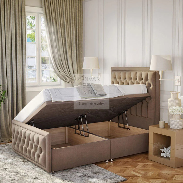 Evelyn Opulent Chesterfield Ottoman Storage Divan Bed with Floor Standing Headboard and Footboard