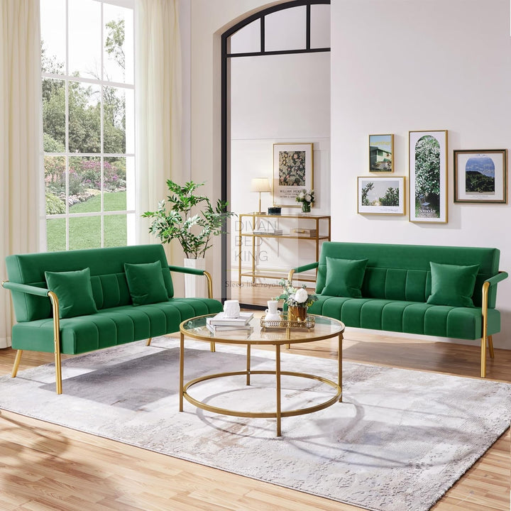 Parisa Green Velvet Velour Sofa Love Seat with Gold Metal Legs