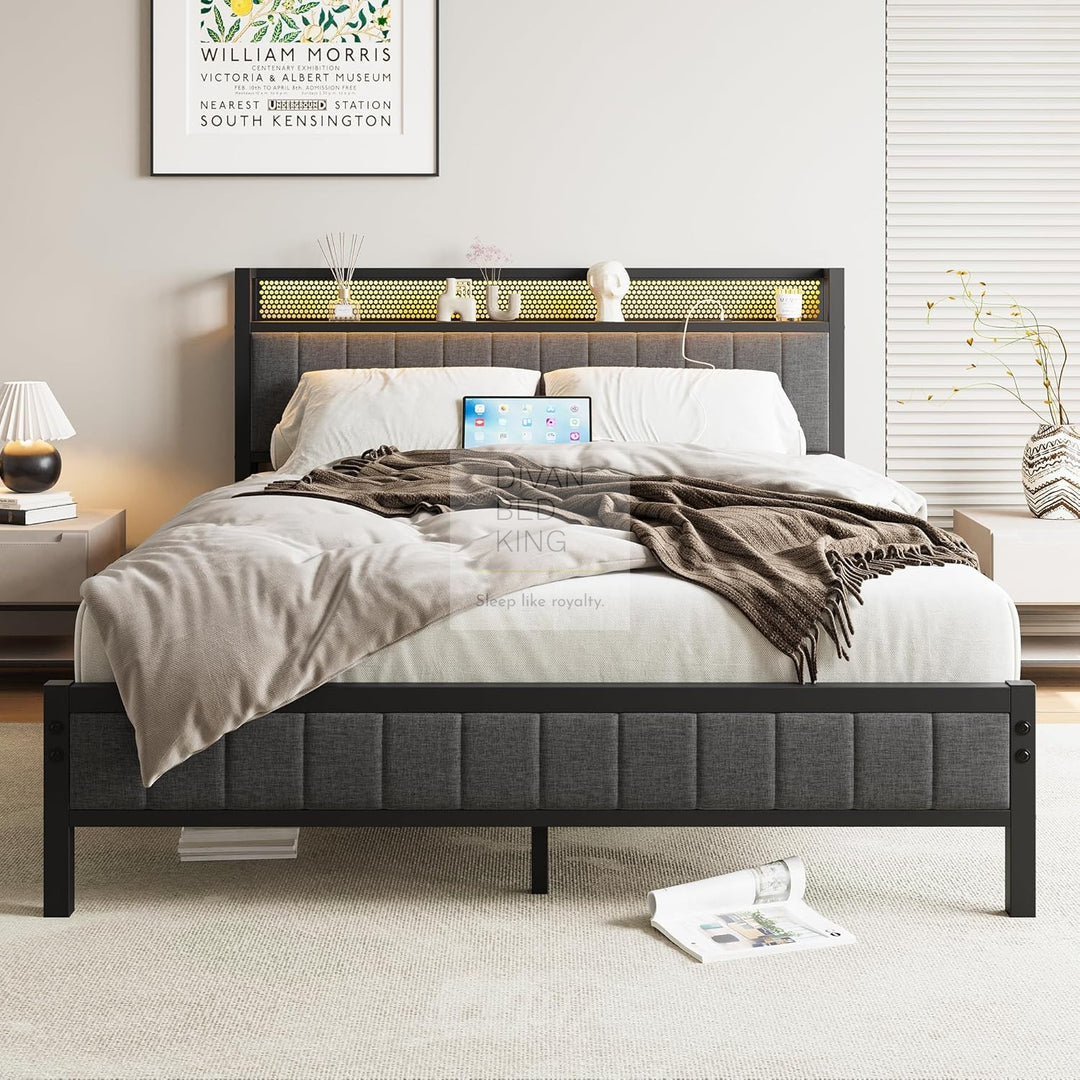 Sienna Grey Linen LED Metal Bed with USB Ports and Power Outlet Storage Headboard Shelf