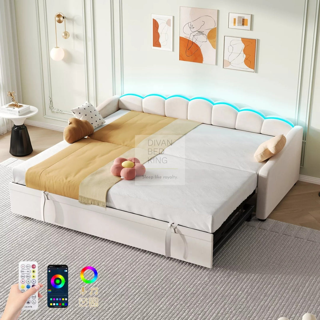 Elina Beige Plush Velvet Trundle Guest Sofa Bed with LED Lighting