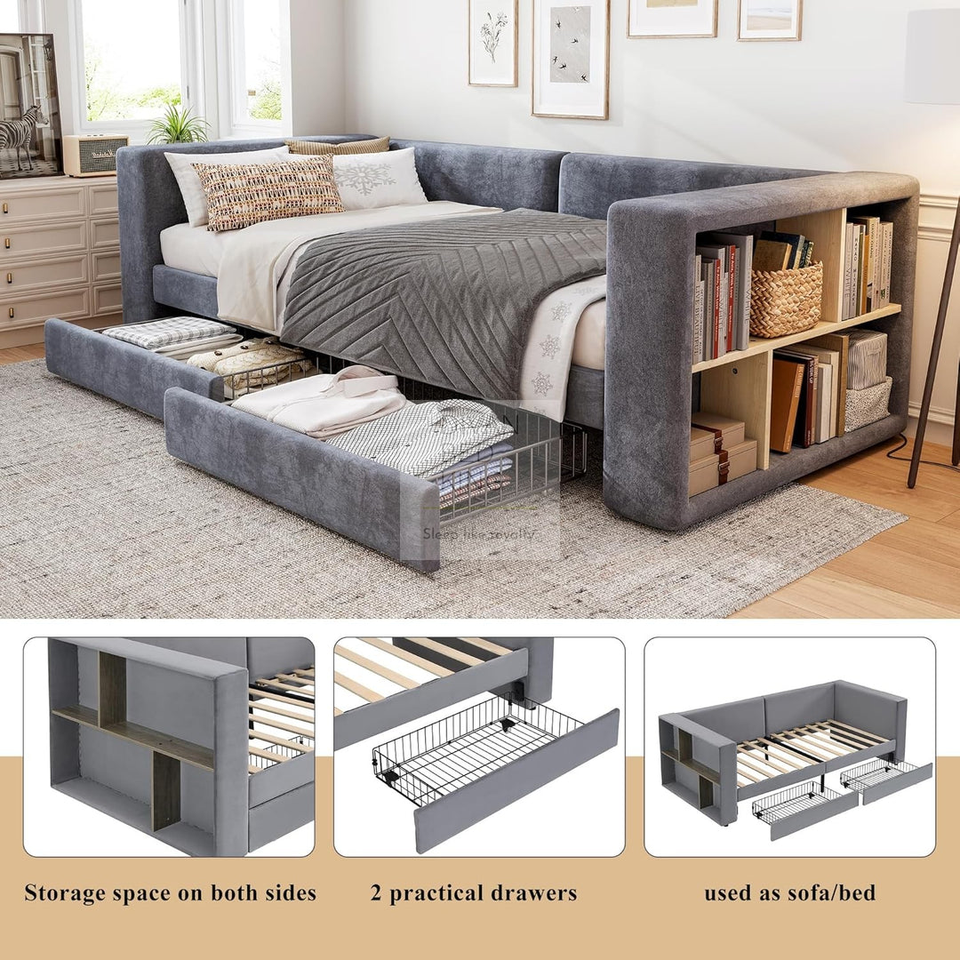 Verona Grey Plush Velvet 3 Seater Daybed Sofa Bed Couch with 2 Drawer Storage and Side Storage Shelves