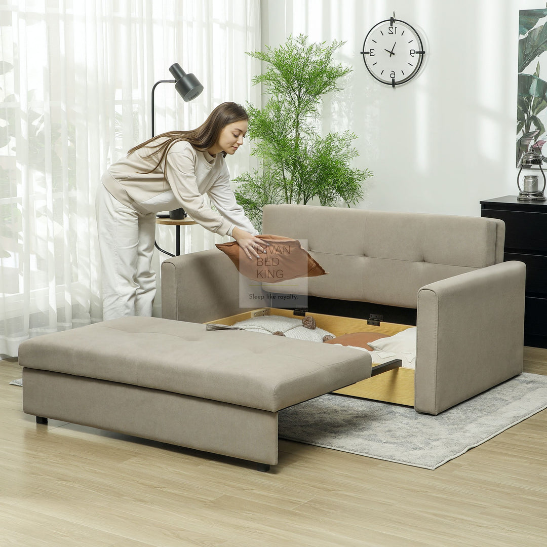 Ramiro Beige Brown Brushed Cotton 3-in-1 Sofa Bed 2 Seater with Storage