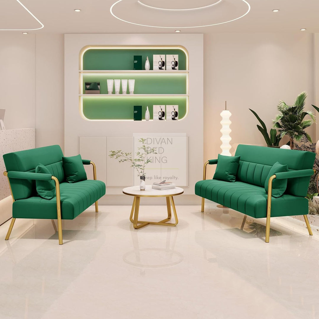 Parisa Green Velvet Velour Sofa Love Seat with Gold Metal Legs