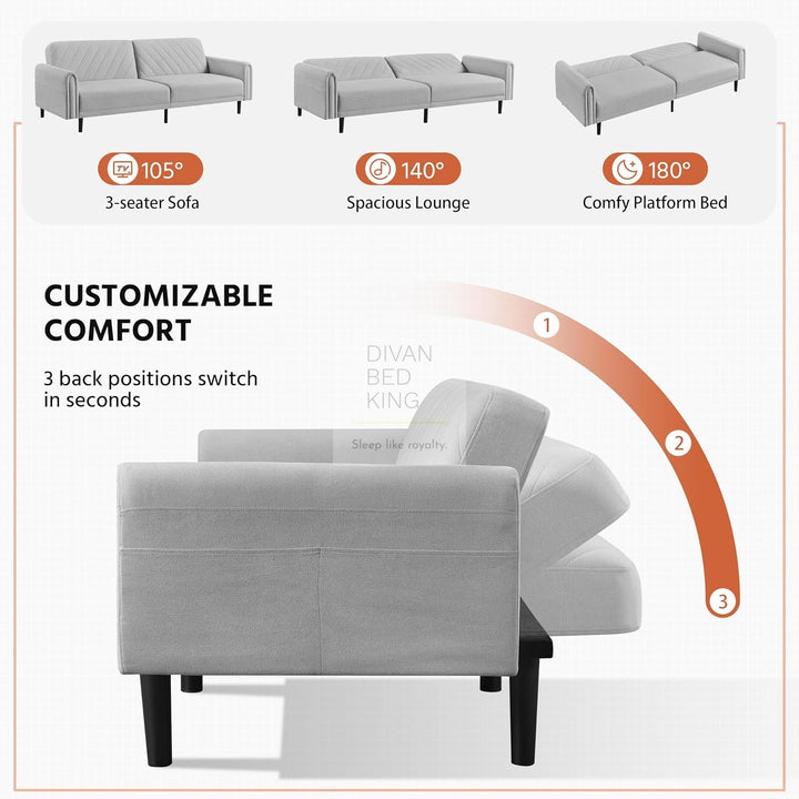 Lucca Soft Grey Silver Brushed Cotton 2 in 1 Convertible Daybed 3 Seater Sofa Bed Couch