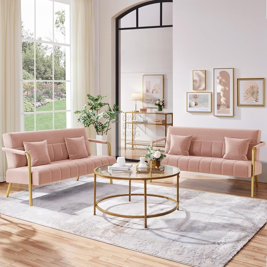 Parisa Pink Velvet Velour Sofa Love Seat with Gold Metal Legs