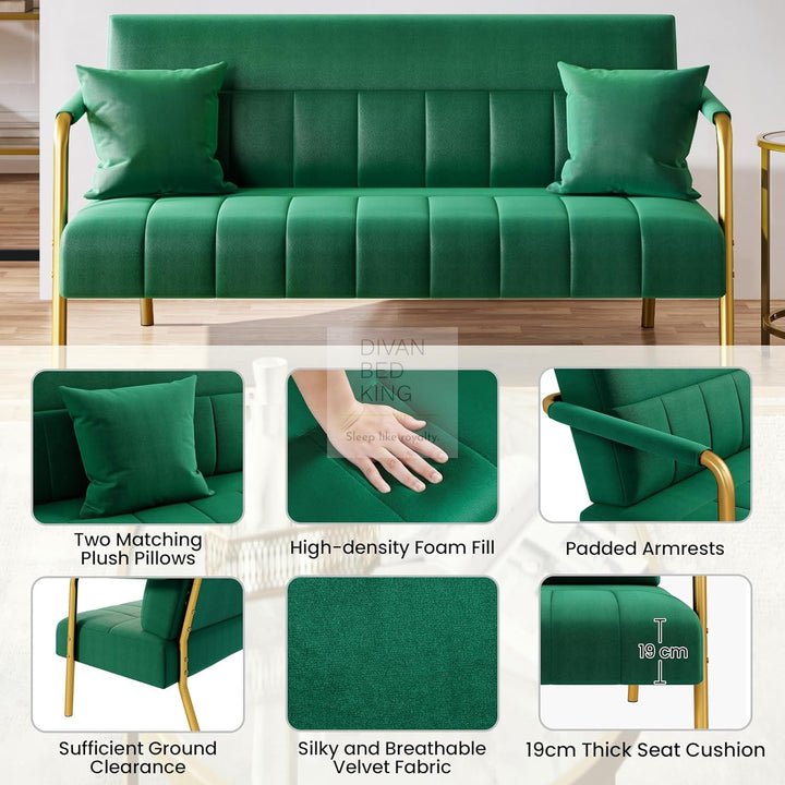 Parisa Green Velvet Velour Sofa Love Seat with Gold Metal Legs