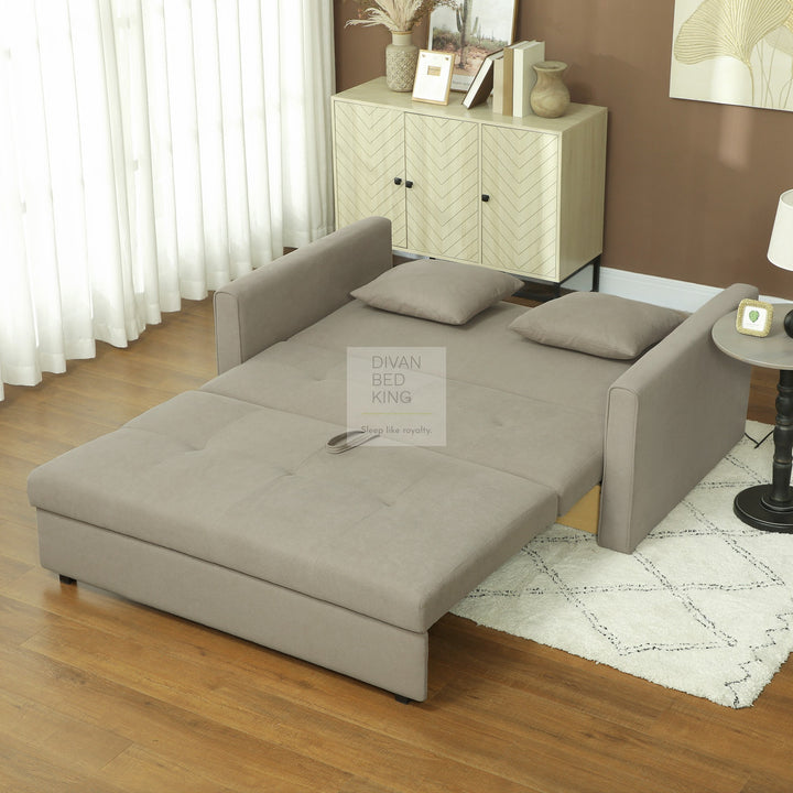 Ramiro Beige Brown Brushed Cotton 3-in-1 Sofa Bed 2 Seater with Storage
