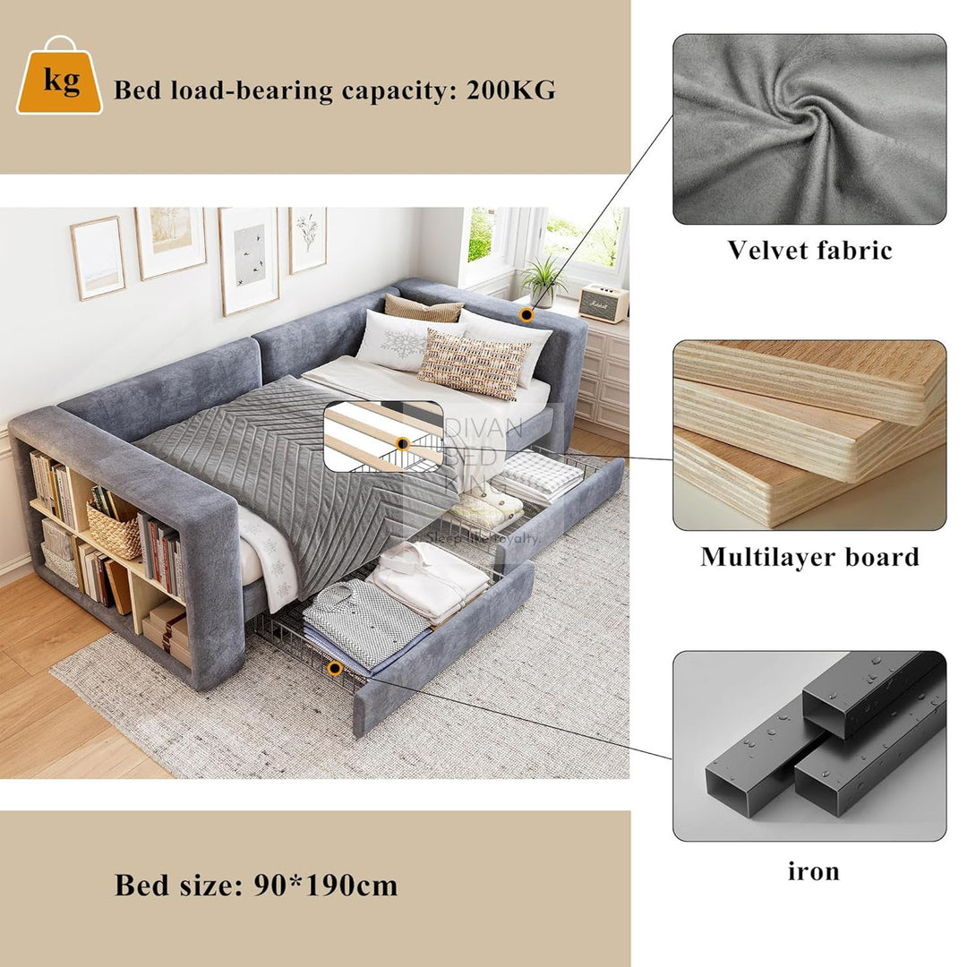 Verona Grey Plush Velvet 3 Seater Daybed Sofa Bed Couch with 2 Drawer Storage and Side Storage Shelves