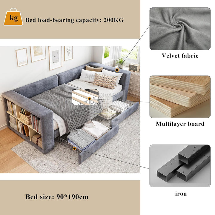 Verona Grey Plush Velvet 3 Seater Daybed Sofa Bed Couch with 2 Drawer Storage and Side Storage Shelves