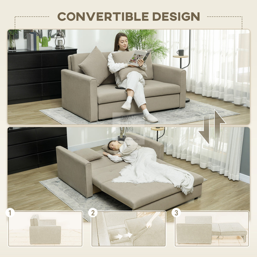 Ramiro Beige Brown Brushed Cotton 3-in-1 Sofa Bed 2 Seater with Storage