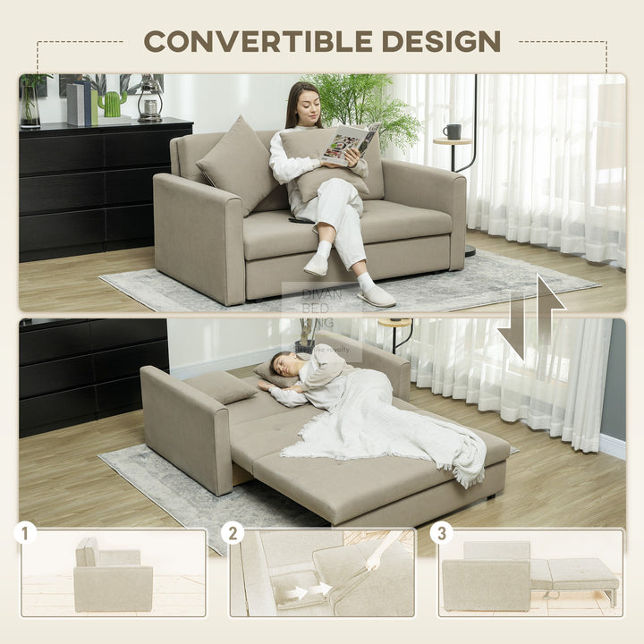 Ramiro Beige Brown Brushed Cotton 3-in-1 Sofa Bed 2 Seater with Storage