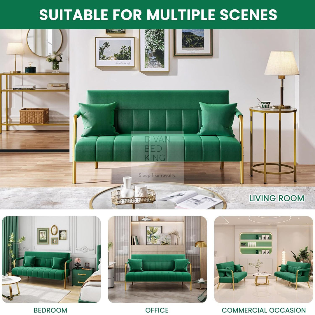 Parisa Green Velvet Velour Sofa Love Seat with Gold Metal Legs