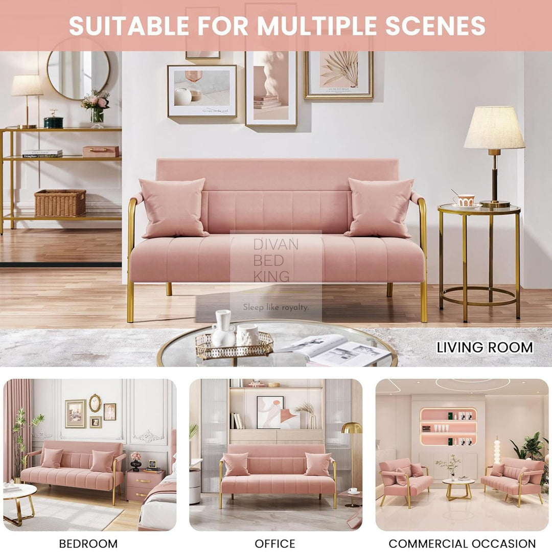 Parisa Pink Velvet Velour Sofa Love Seat with Gold Metal Legs