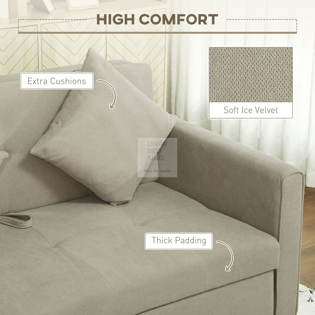 Ramiro Beige Brown Brushed Cotton 3-in-1 Sofa Bed 2 Seater with Storage