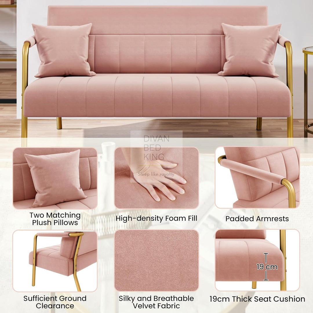 Parisa Pink Velvet Velour Sofa Love Seat with Gold Metal Legs