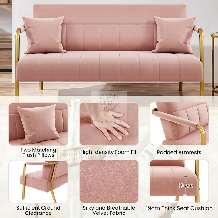 Parisa Pink Velvet Velour Sofa Love Seat with Gold Metal Legs
