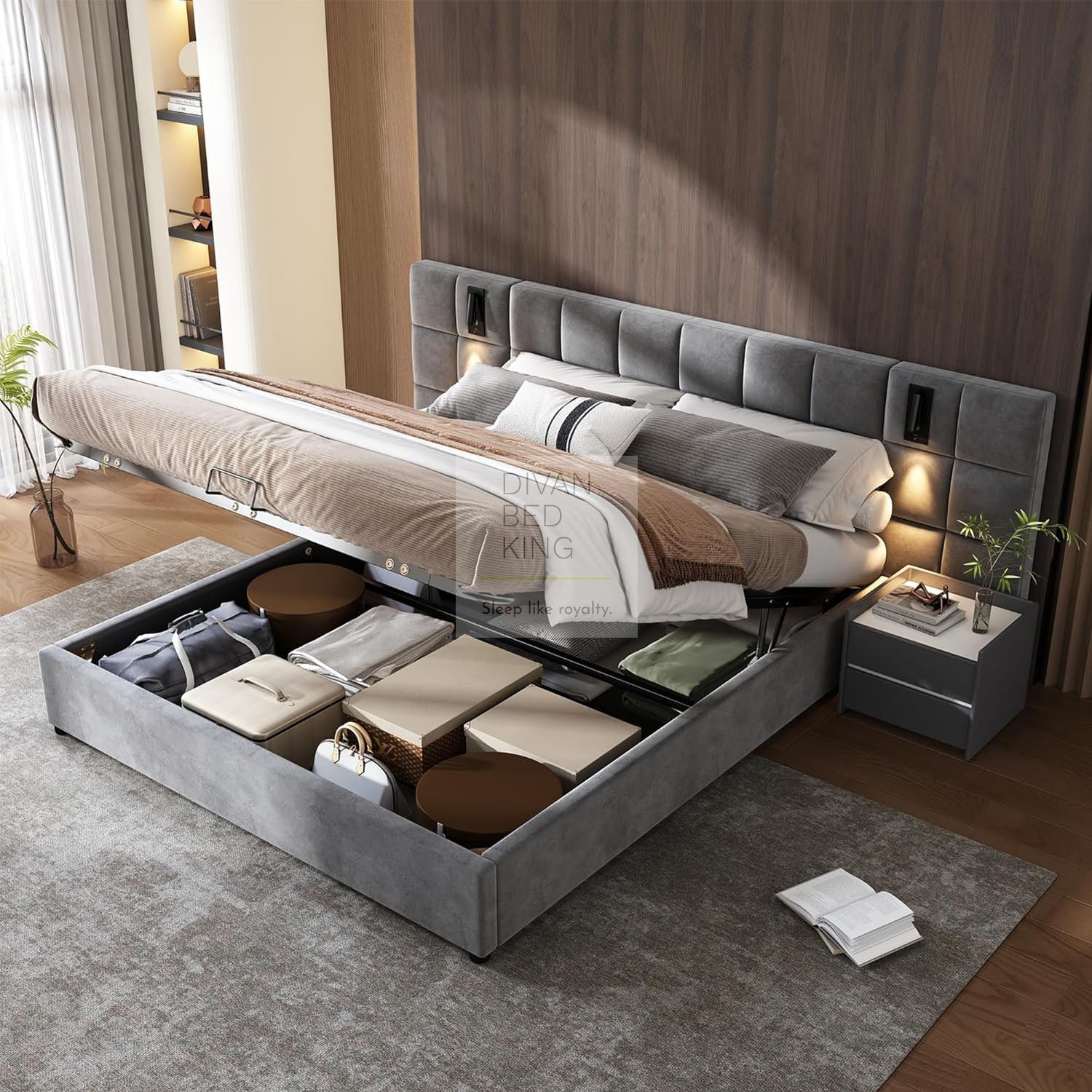 Avernus Oversized Headboard Grey Ottoman Storage Bed Frame with Integr ...