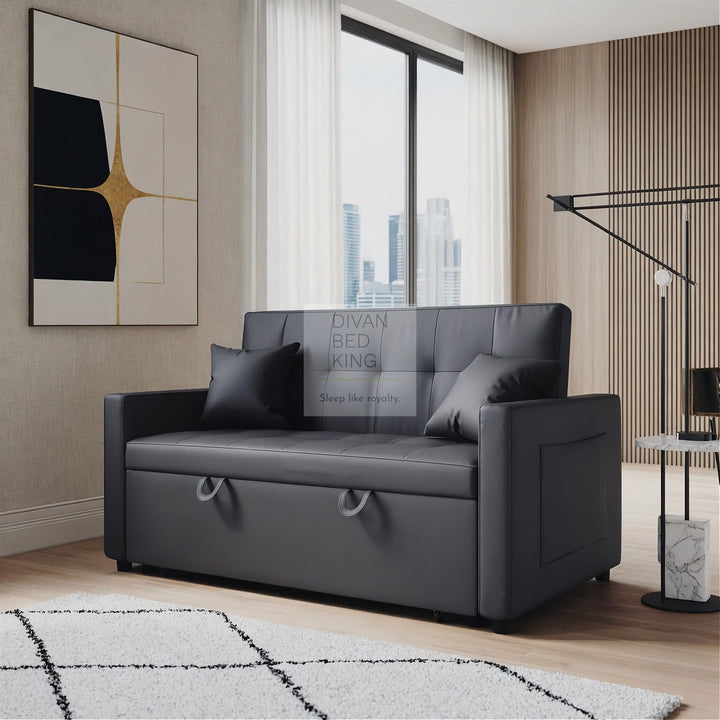 Santana Ash Grey Leather Daybed Sofa Bed Couch with Sidepockets & 2 Matching Pillows