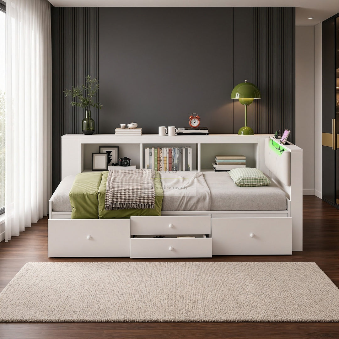 Hartman White Wooden Smart Day Bed with LED Lights, Type C and USB Charging Linen Headboard Storage Shelf