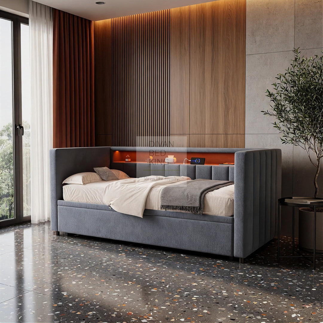 Adalynn Grey Plush Velvet Smart Sofa Bed Daybed with Bluetooth LED Lights, Storage, Shelves, USB & Type C Charging & Trundle
