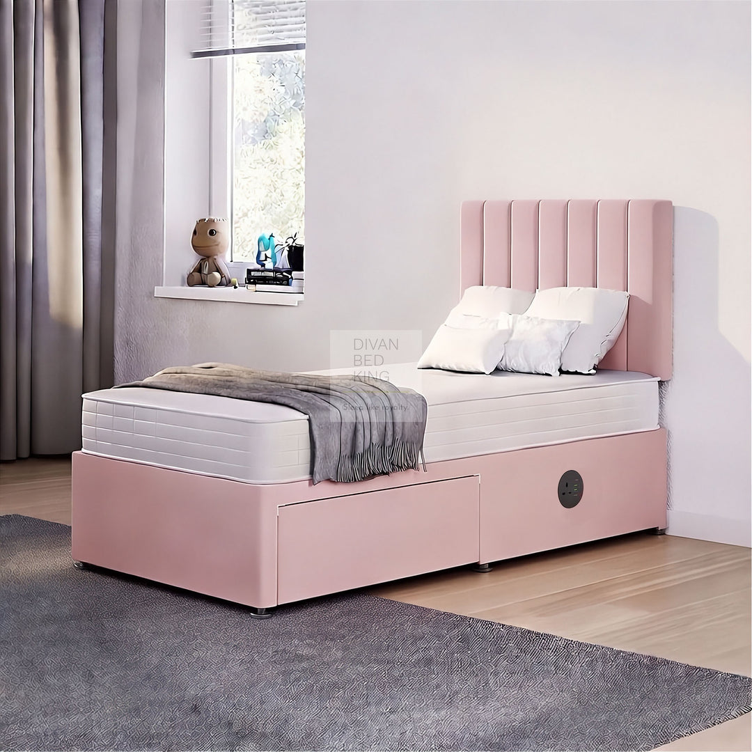 Chiara Smart Divan Bed Set with Buttoned Headboard with Charging, Sockets, USB, Type C Ports