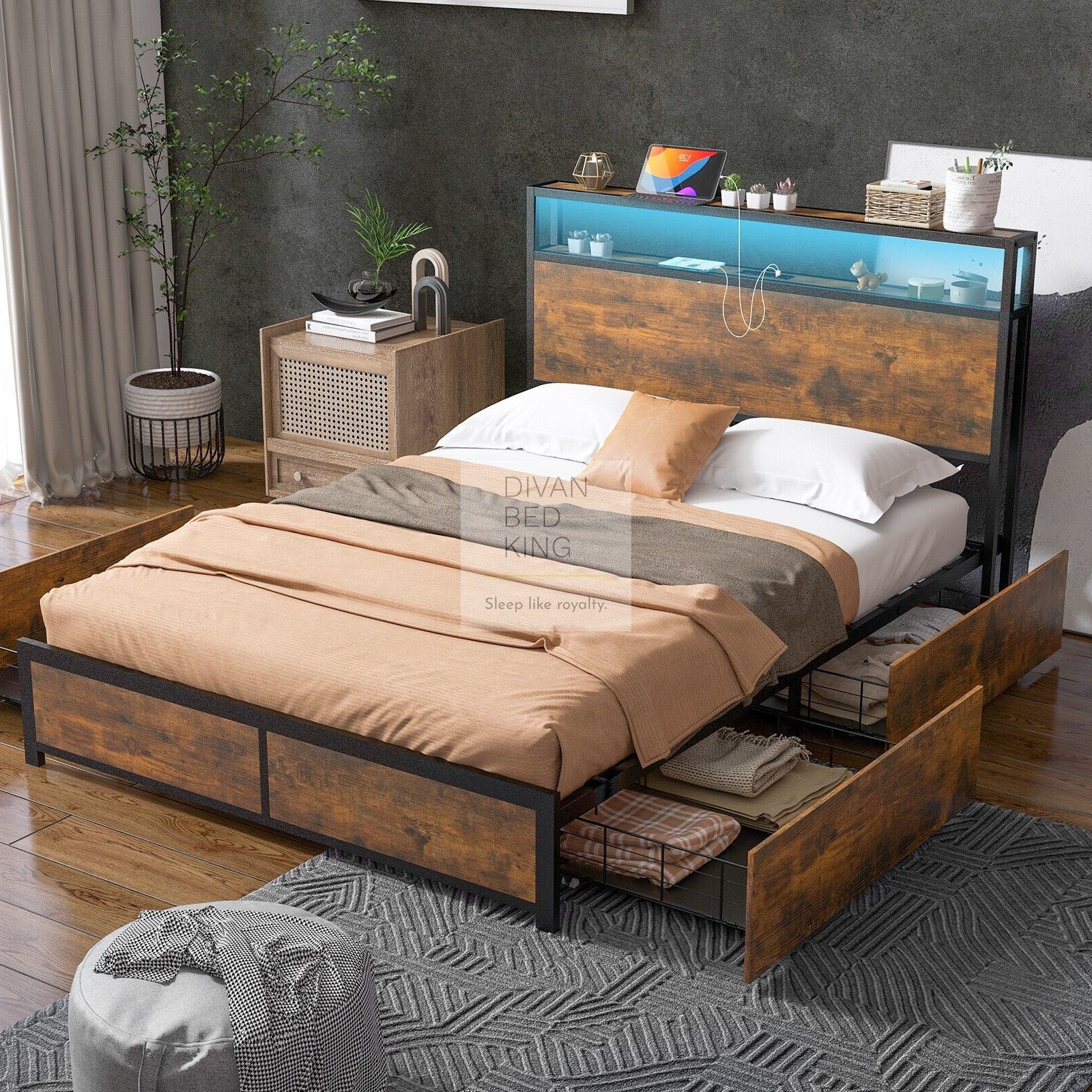Henry Metal Divan Bed with 4 Drawers with Headboard Reading Lights Divan Bed King