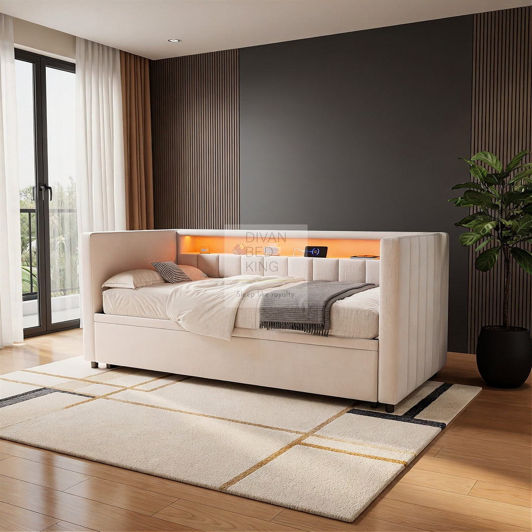 Adalynn Beige Plush Velvet Smart Sofa Bed Daybed with Bluetooth LED Lights, Storage, Shelves, USB & Type C Charging & Trundle
