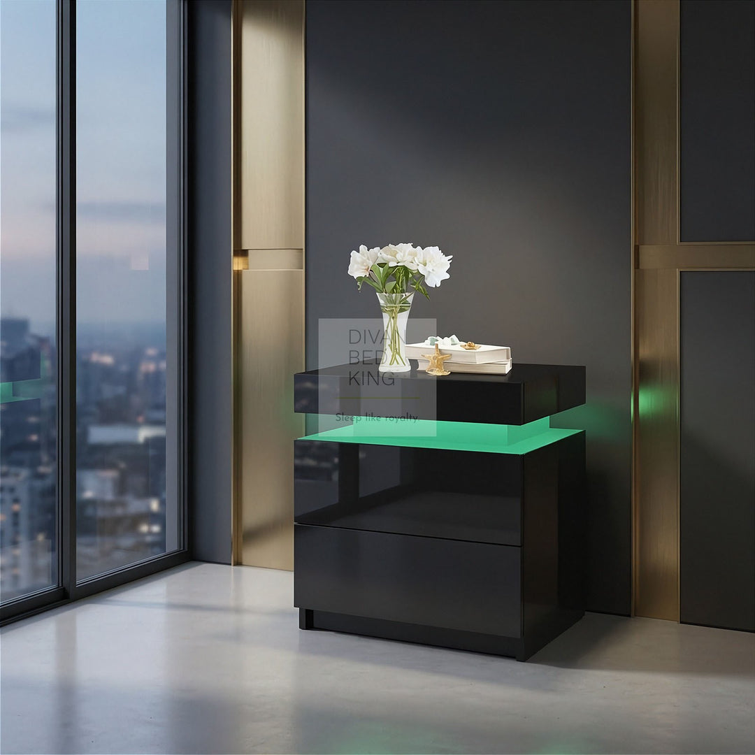 Schneider 2 Drawer Black High Gloss Smart LED Bedside Table