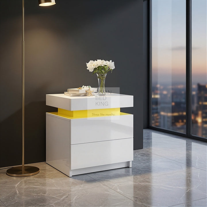 Schneider 2 Drawer White High Gloss Smart LED Bedside Table