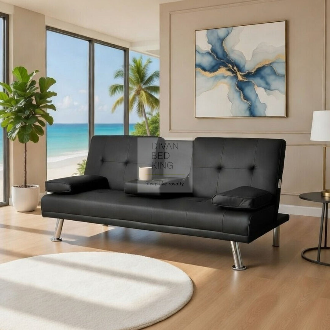 Cadence Black Leather 2 Seater Sofa Bed with Cup Holders and Matching Pillows