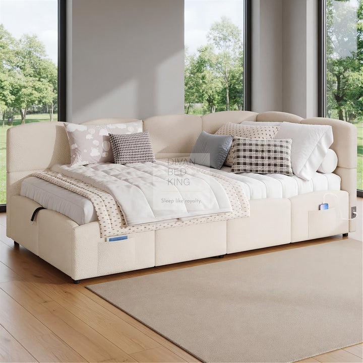 Amaia Beige Boucle Teddy Fabric Smart Ottoman Storage Daybed Sofa Bed Couch with Charging Station, USB & Type C Ports