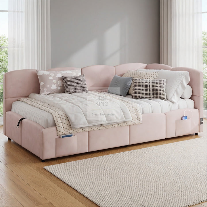 Amaia Pink Plush Velvet Smart Ottoman Storage Daybed Sofa Bed Couch with Charging Station, USB & Type C Ports