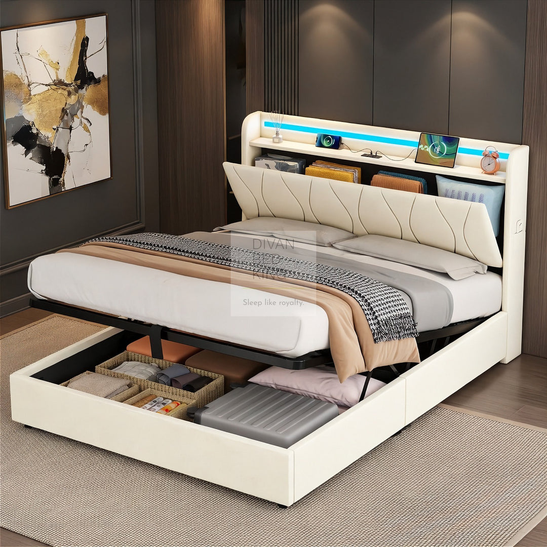 Naya Beige Linen Ottoman Storage Bed with LED Lights, Type C and USB Charging Headboard Storage Shelf